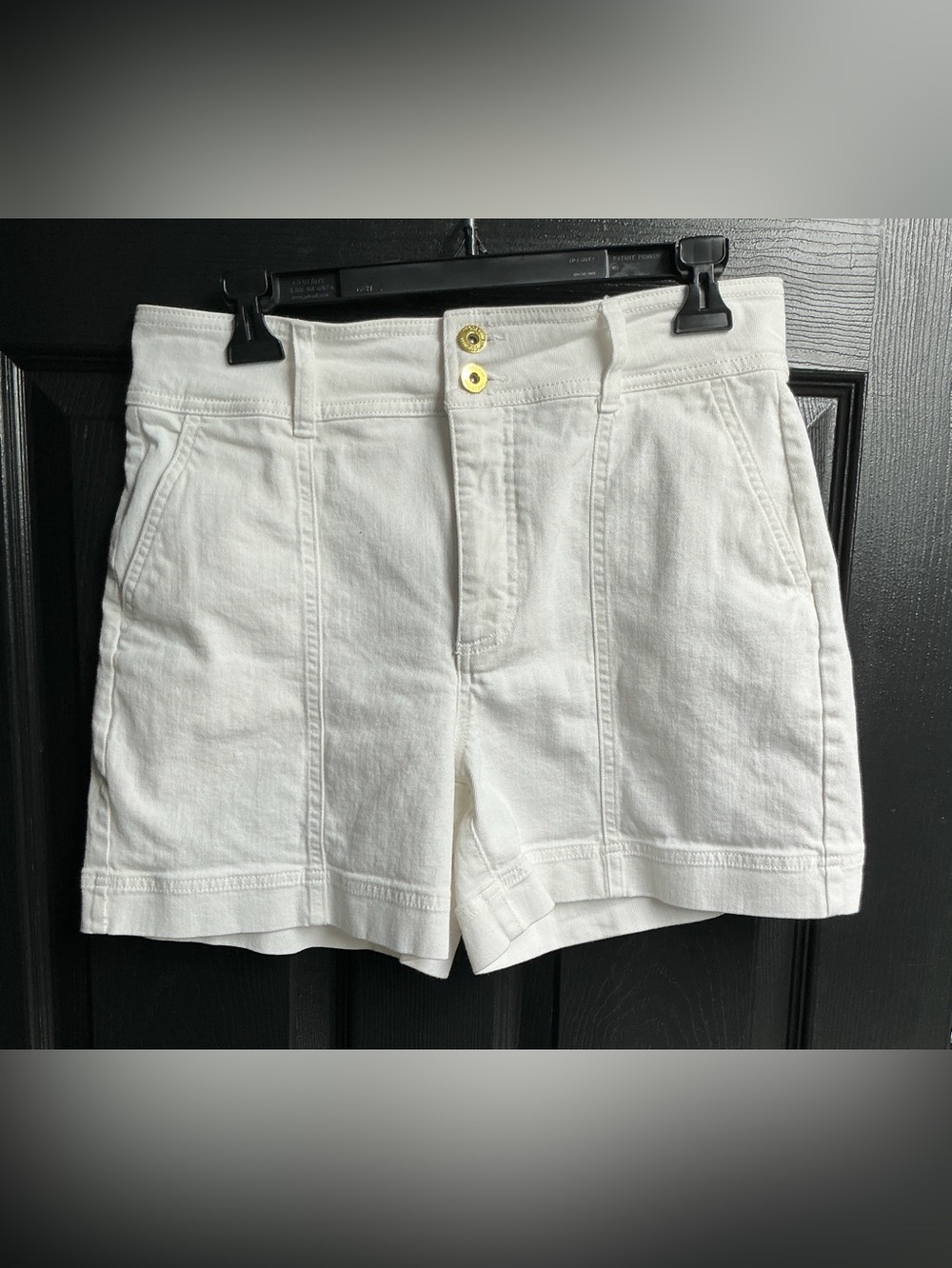 INC International Concepts White High-Rise Denim Shorts with Gold Buttons